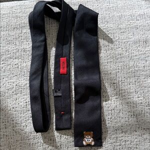 Moschino Black Scarf/Flat end Tie with Teddy Bear Accent